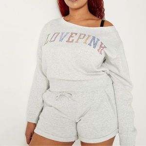 Victoria’s Secret PINK Fleece Cropped Sweatshirt Heather Stone Grey RainbowShine